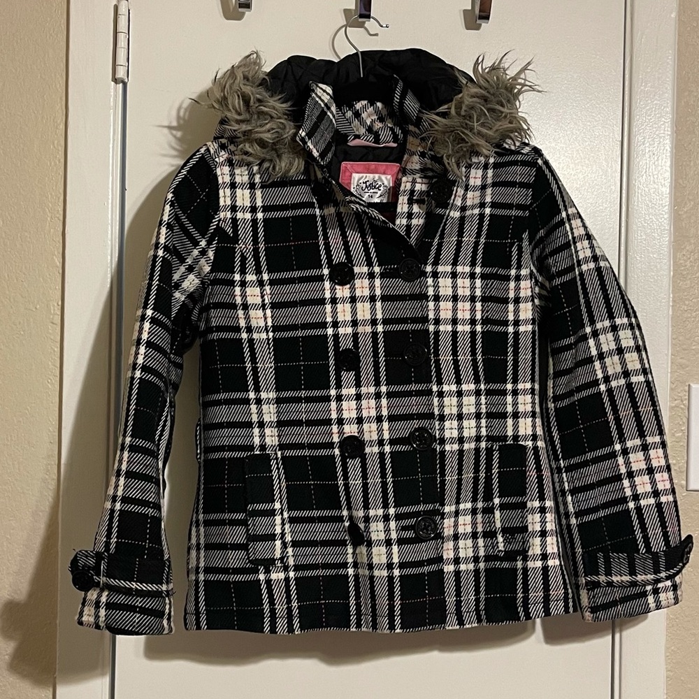 Little Girls Plaid Coat With Fur Hood